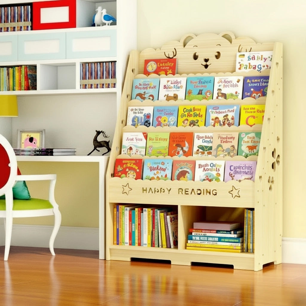 Bear theme Montessori kids bookshelf showing a lower storage shelf filled with vertically and horizontally stacked books