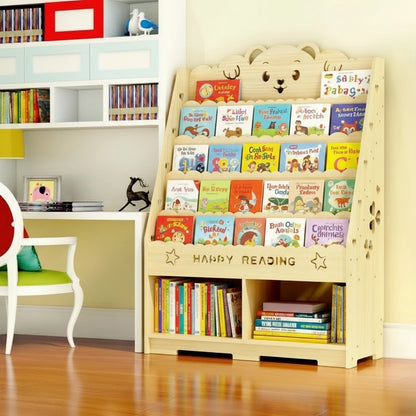 Bear theme Montessori kids bookshelf showing a lower storage shelf filled with vertically and horizontally stacked books