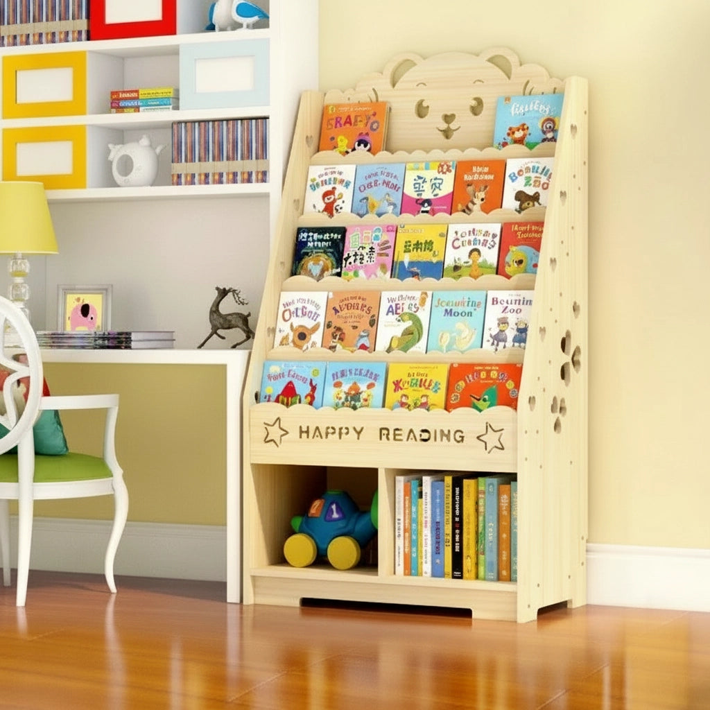 Narrow solid pine bear theme toddler bookshelf with lower open storage compartments holding books and a blue toy car