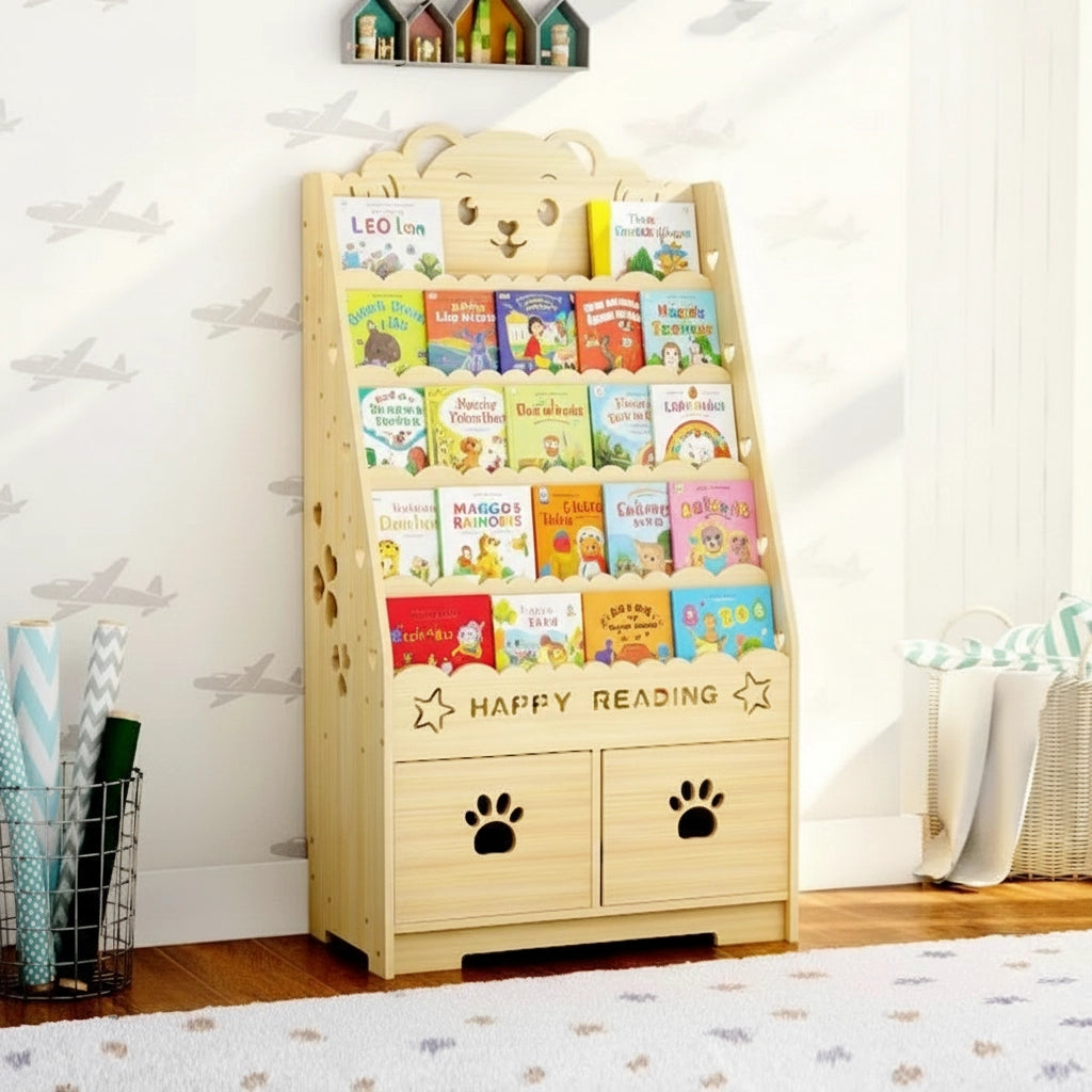 Narrow solid pine bear theme toddler bookshelf displaying colorful books above two drawers with paw-print cutouts