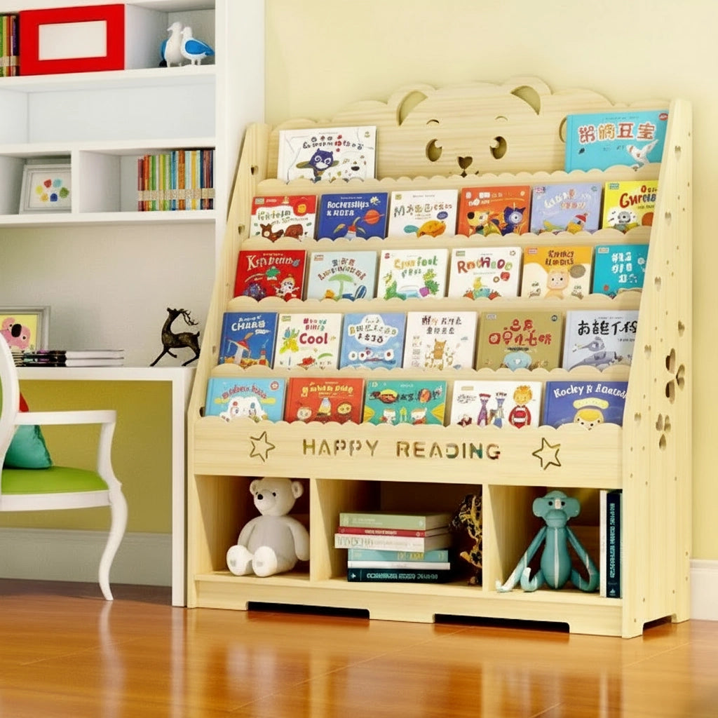 Wide bear theme solid pine toddler bookshelf with lower open cubbies holding a stuffed bear, books, and a monkey toy