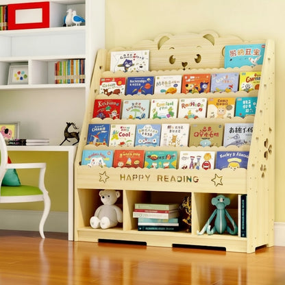 Wide bear theme solid pine toddler bookshelf with lower open cubbies holding a stuffed bear, books, and a monkey toy