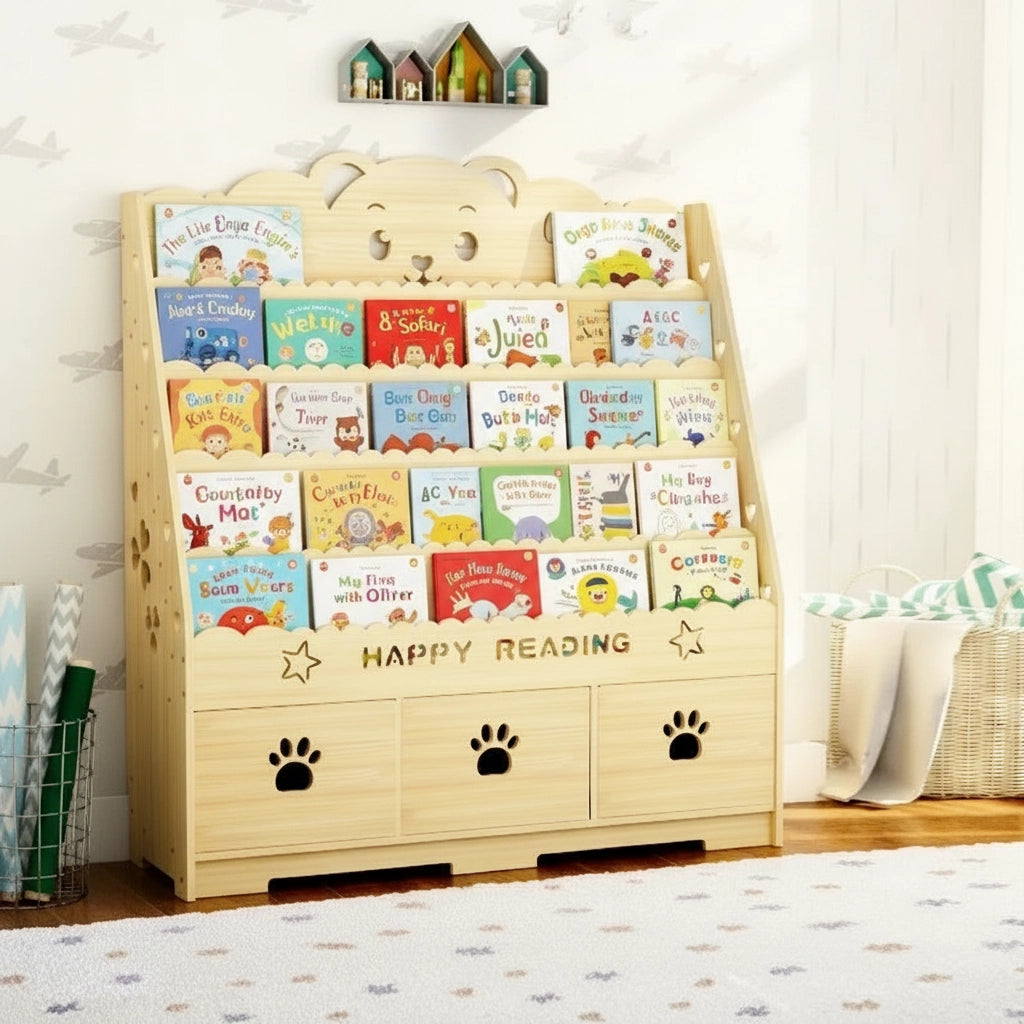 Front view of a bear theme solid pine Montessori toddler bookshelf with three paw-cutout drawers filled with books