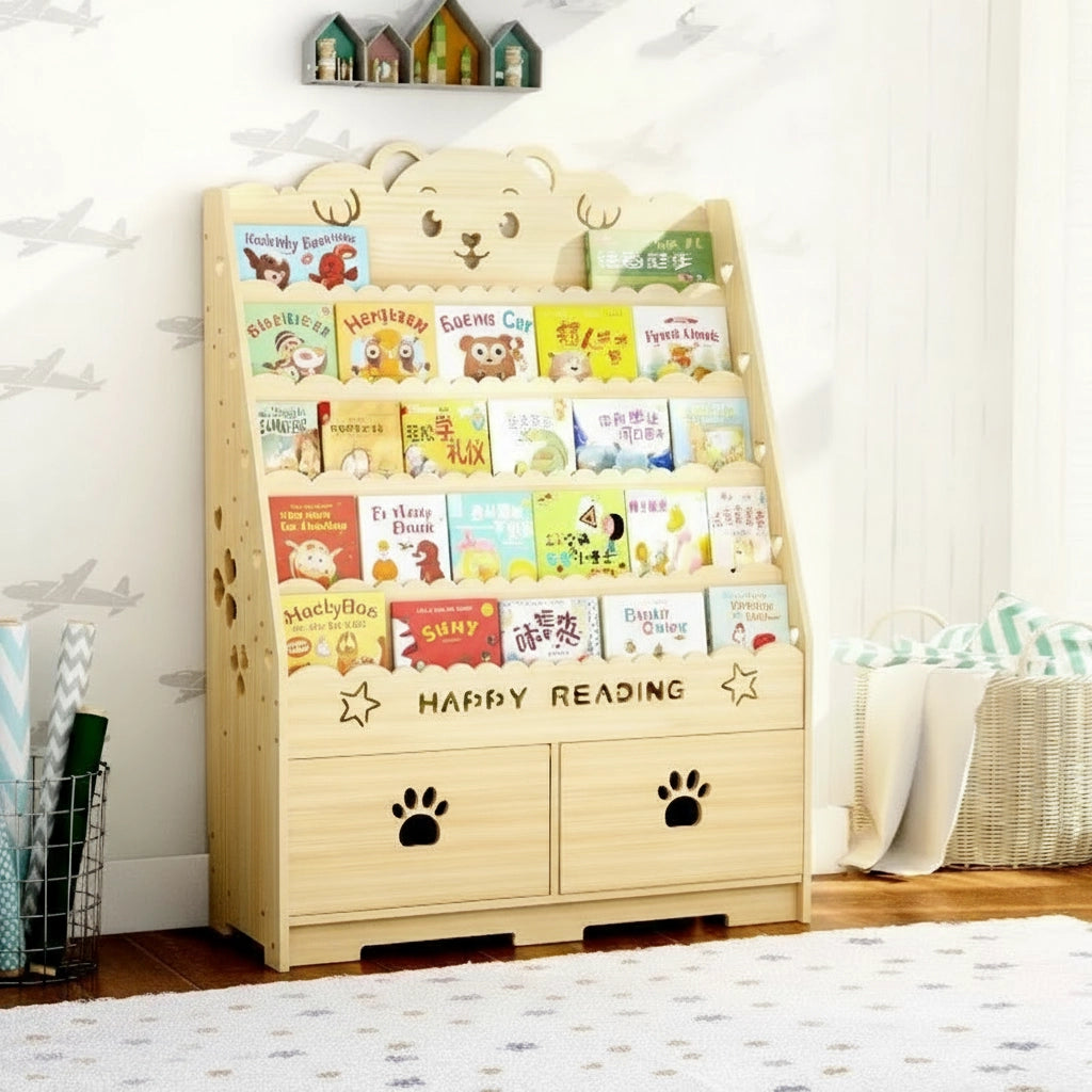 Front view of a bear theme Montessori toddler bookshelf with two paw-cutout drawers filled with children's books