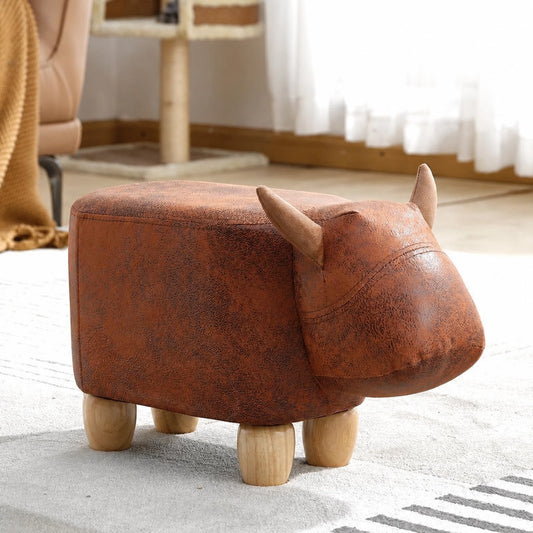 Angled view of a brown bull-shaped children's footstool with solid wood legs on a rug