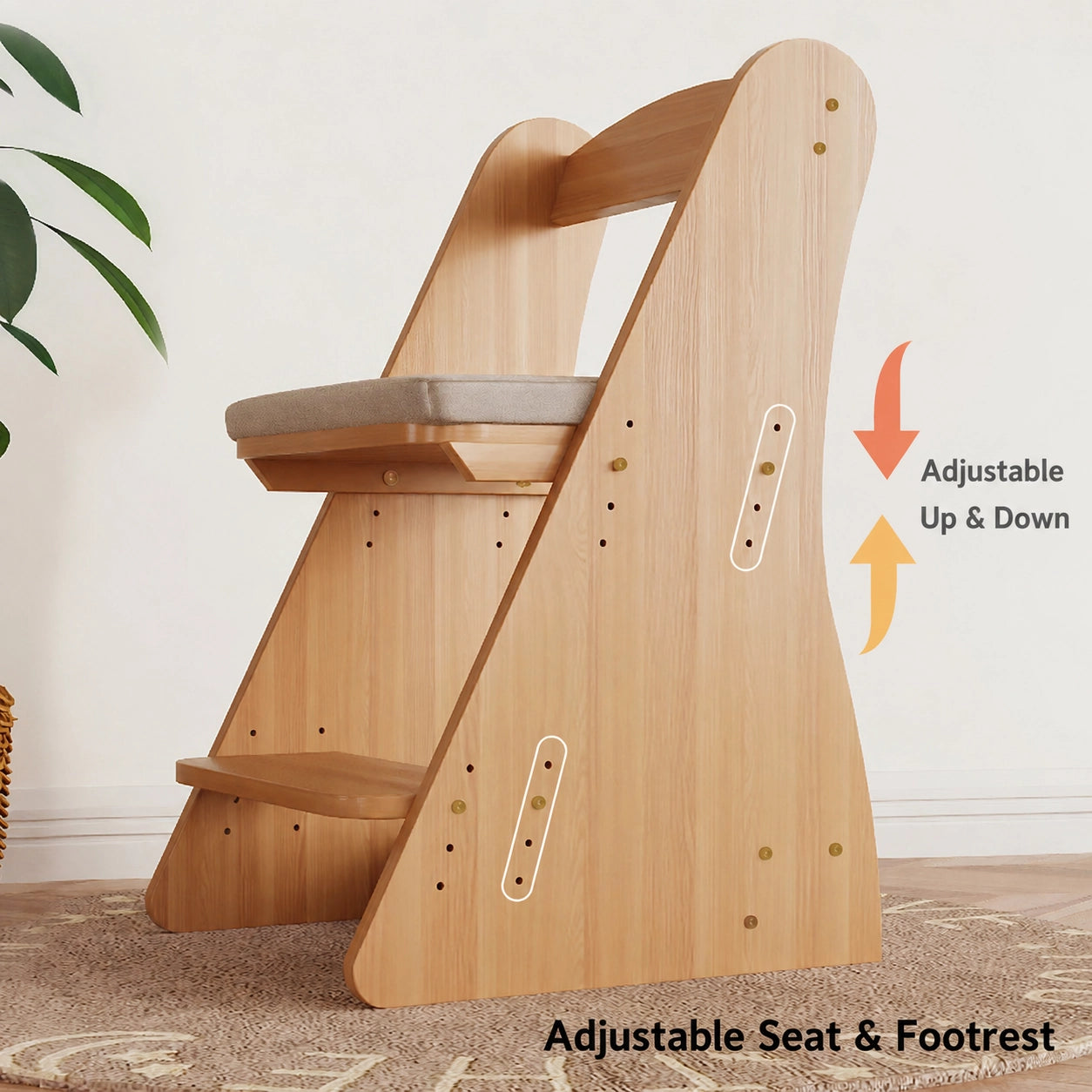 Side view of the adjustable children's chair highlighting the height-adjustable holes for the seat and footrest