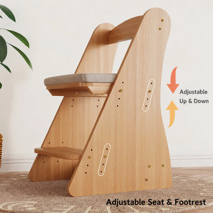 Side view of the adjustable children's chair highlighting the height-adjustable holes for the seat and footrest