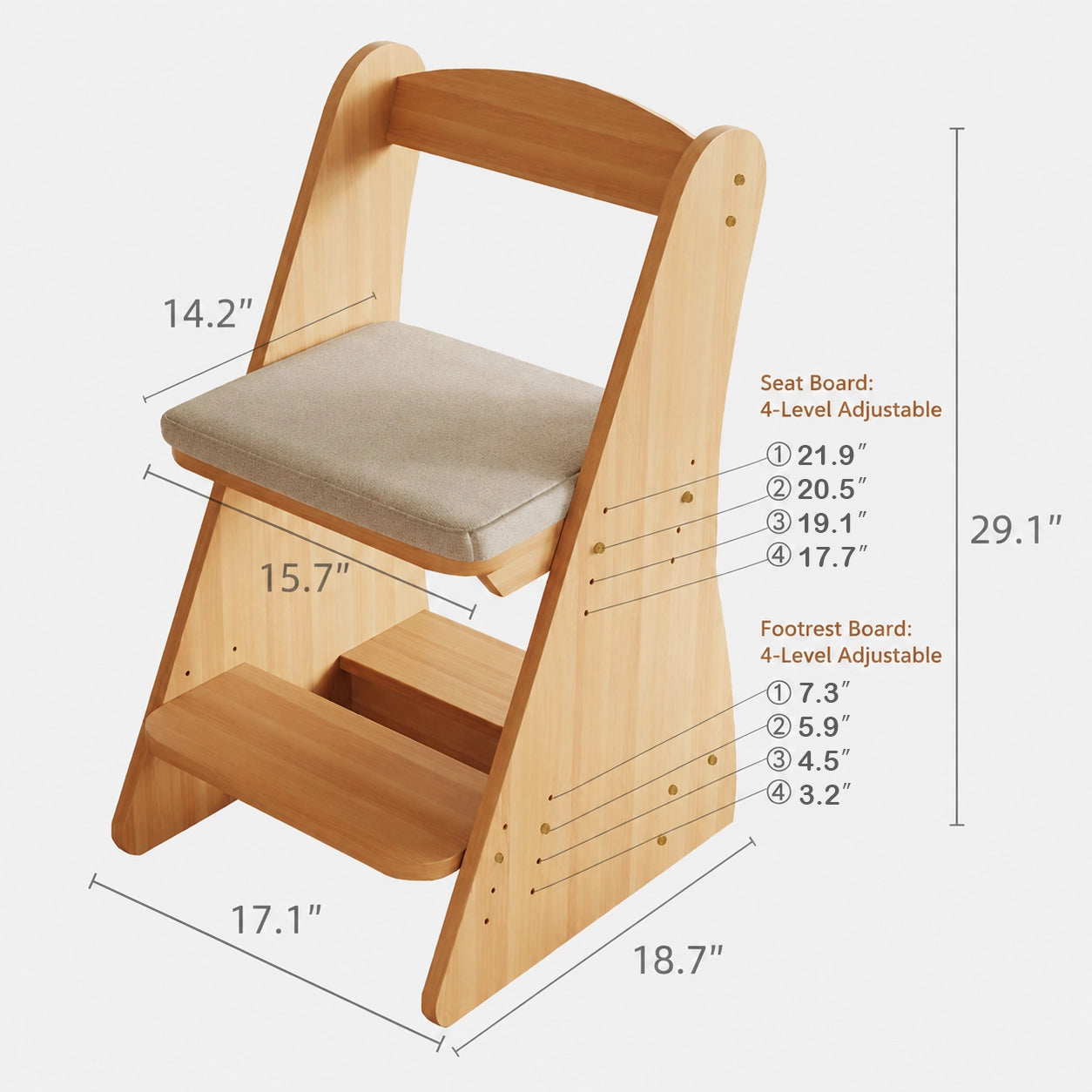 Dimension infographic of the adjustable kids' chair showing the 4-level height measurements for seat and footrest