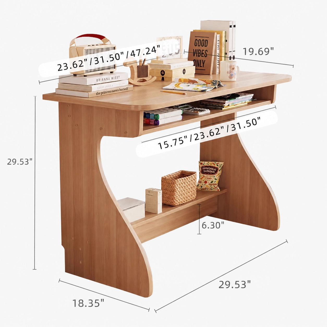 Dimension infographic of the solid pine study desk showing its height, width, and depth measurements