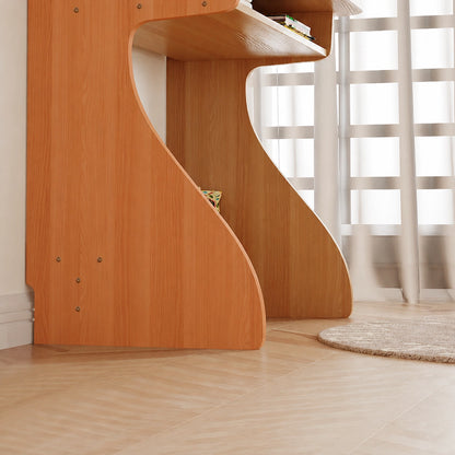 Low-angle close-up of the curved solid pine side panel and support structure of the kids' desk