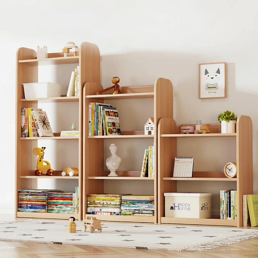 Three pine-core engineered wood bookshelves of varying heights in bookshelf mode holding children's books
