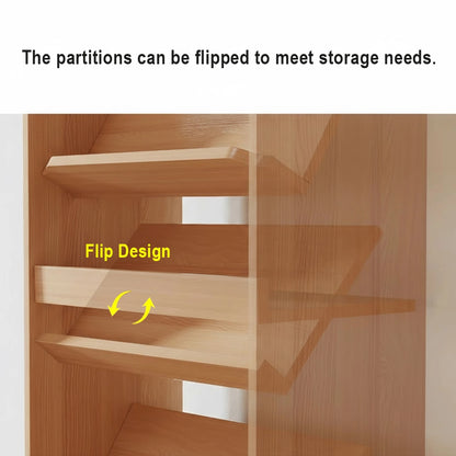 Close-up diagram showing the flip design mechanism of the convertible engineered wood shelves with rotation arrows