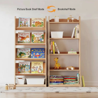 Side-by-side comparison showing the Montessori toddler bookshelf in picture book mode and regular bookshelf mode