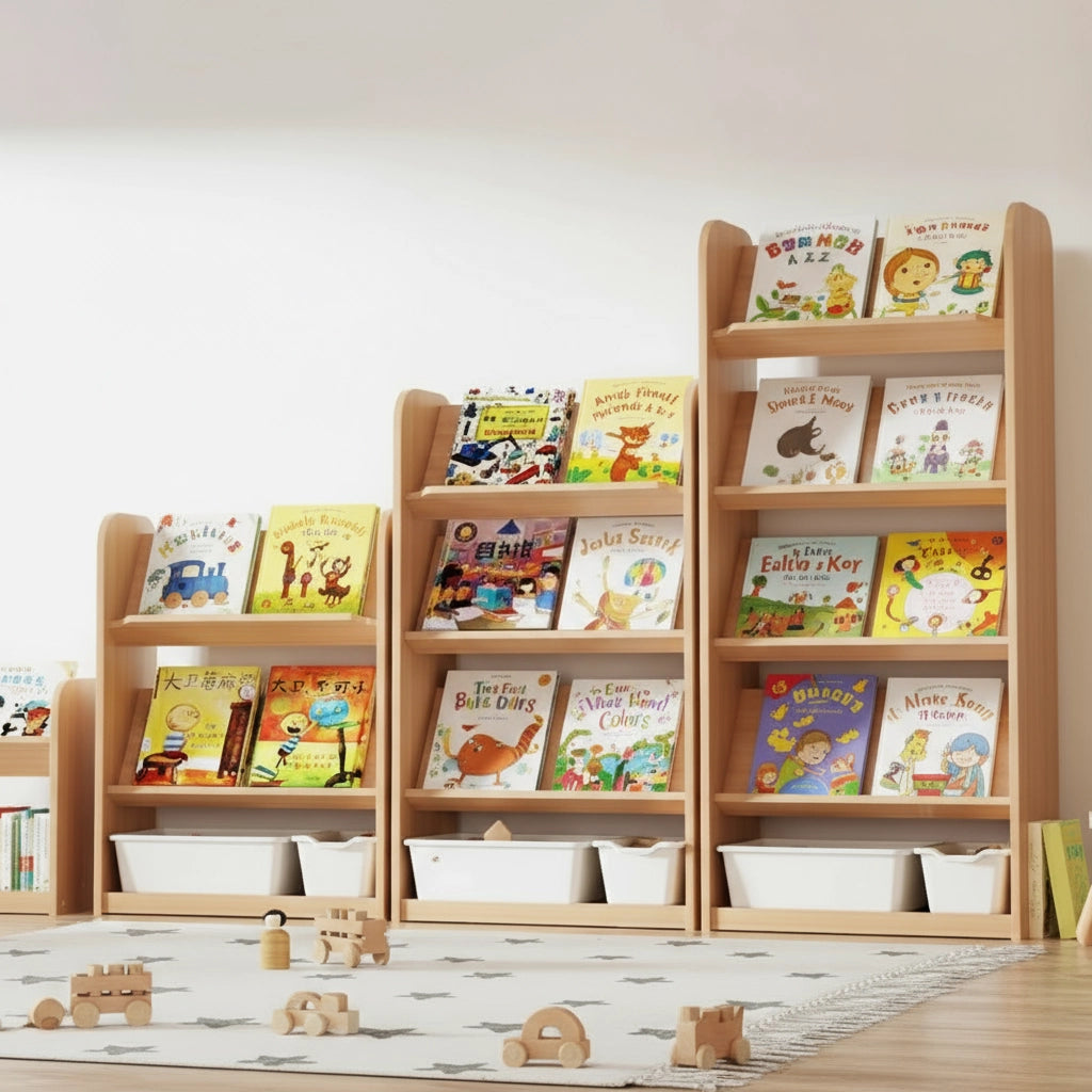 Three engineered wood bookshelves in picture book mode displaying front-facing children's books