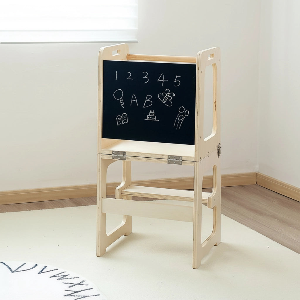 Front view of the plywood Montessori toddler standing stool in stool mode with a black chalkboard