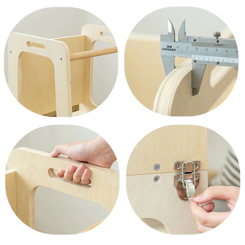 Infographic with circle cutouts showing thickness measurement, handle, and metal latch details