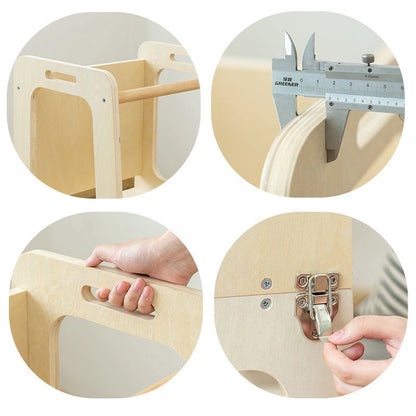 Infographic with circle cutouts showing thickness measurement, handle, and metal latch details