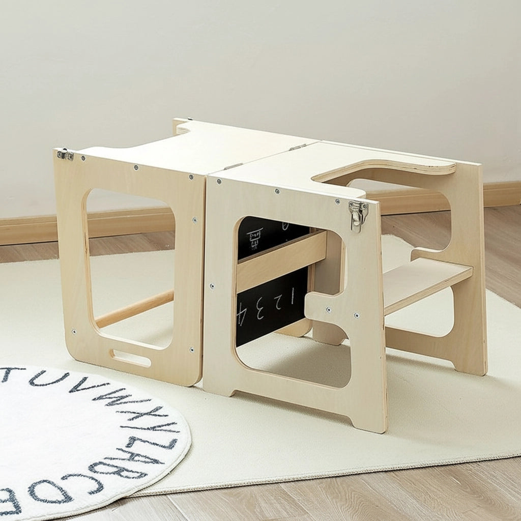 Three-quarter view of the toddler stool converted into a folded desk and chair configuration