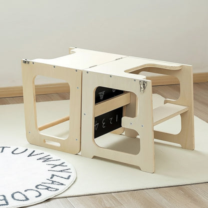 Three-quarter view of the toddler stool converted into a folded desk and chair configuration