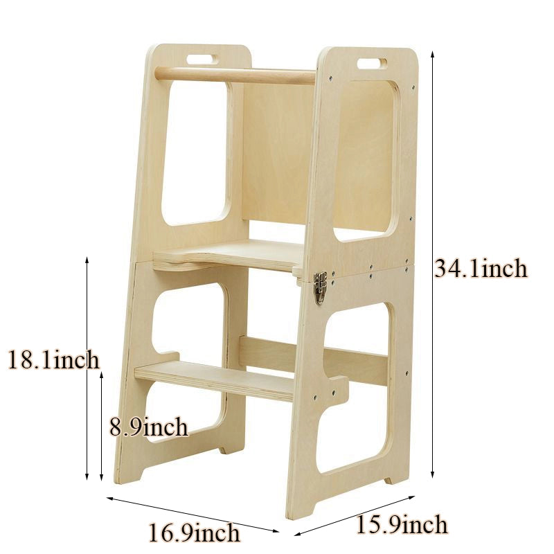 Plywood toddler standing stool measuring 16.9 inches wide, 15.9 inches deep, and 34.1 inches high