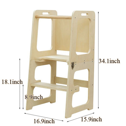 Plywood toddler standing stool measuring 16.9 inches wide, 15.9 inches deep, and 34.1 inches high