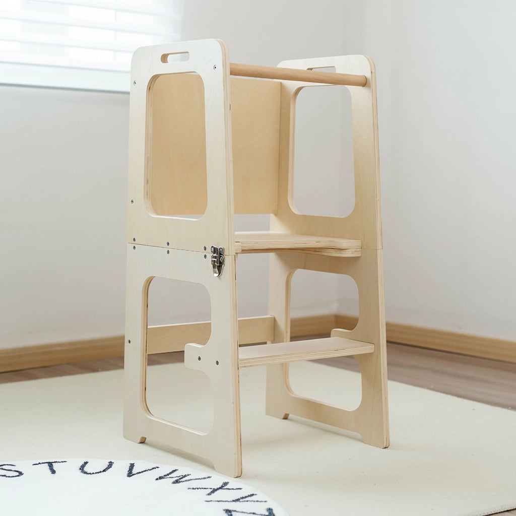 Rear-angled view of the toddler standing stool showing the step entry and top safety bar