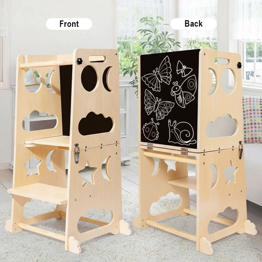 Front and back views of the basswood plywood step stool showing the built-in blackboard with drawings