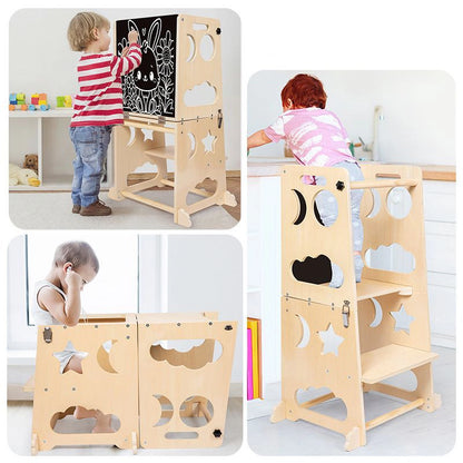 Three photos showing toddlers using the step stool to draw, sit at the desk, and stand in the kitchen