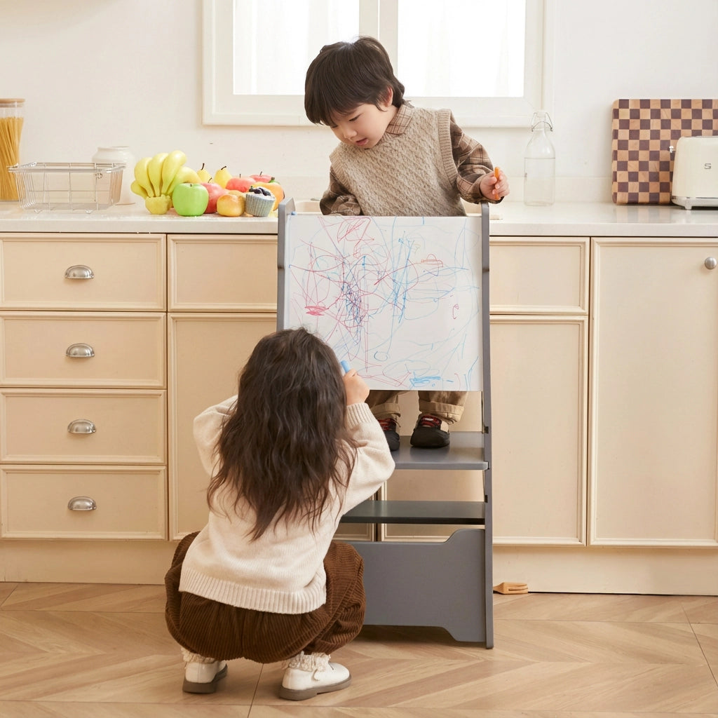 Step stool converted into a children's easel desk with a girl drawing on the whiteboard with chalk