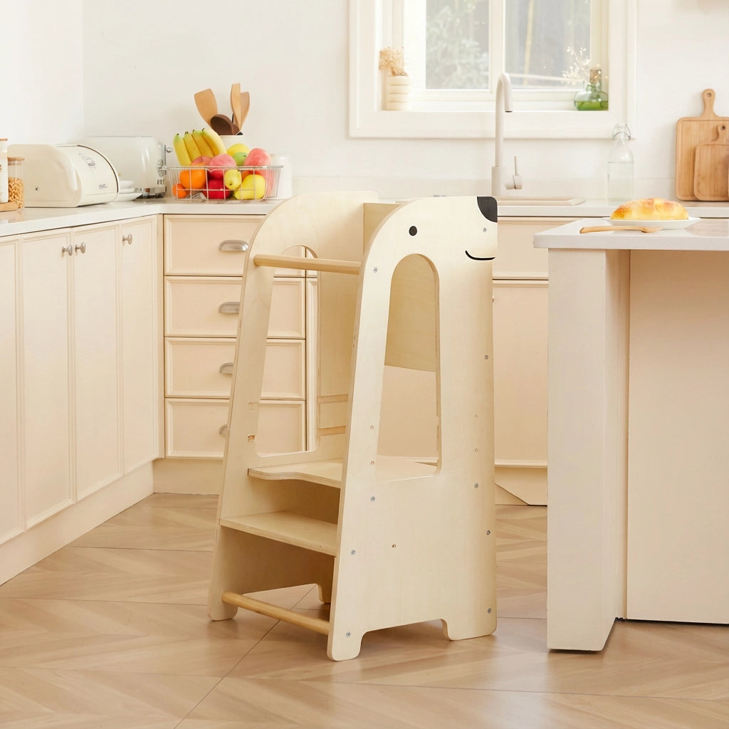 Angled view of a natural birch plywood Montessori toddler step stool standing in a kitchen counter area