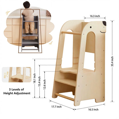 Dimension diagram of a toddler step stool measuring 35.4 inches high, 16.5 inches wide, and 17.7 inches deep
