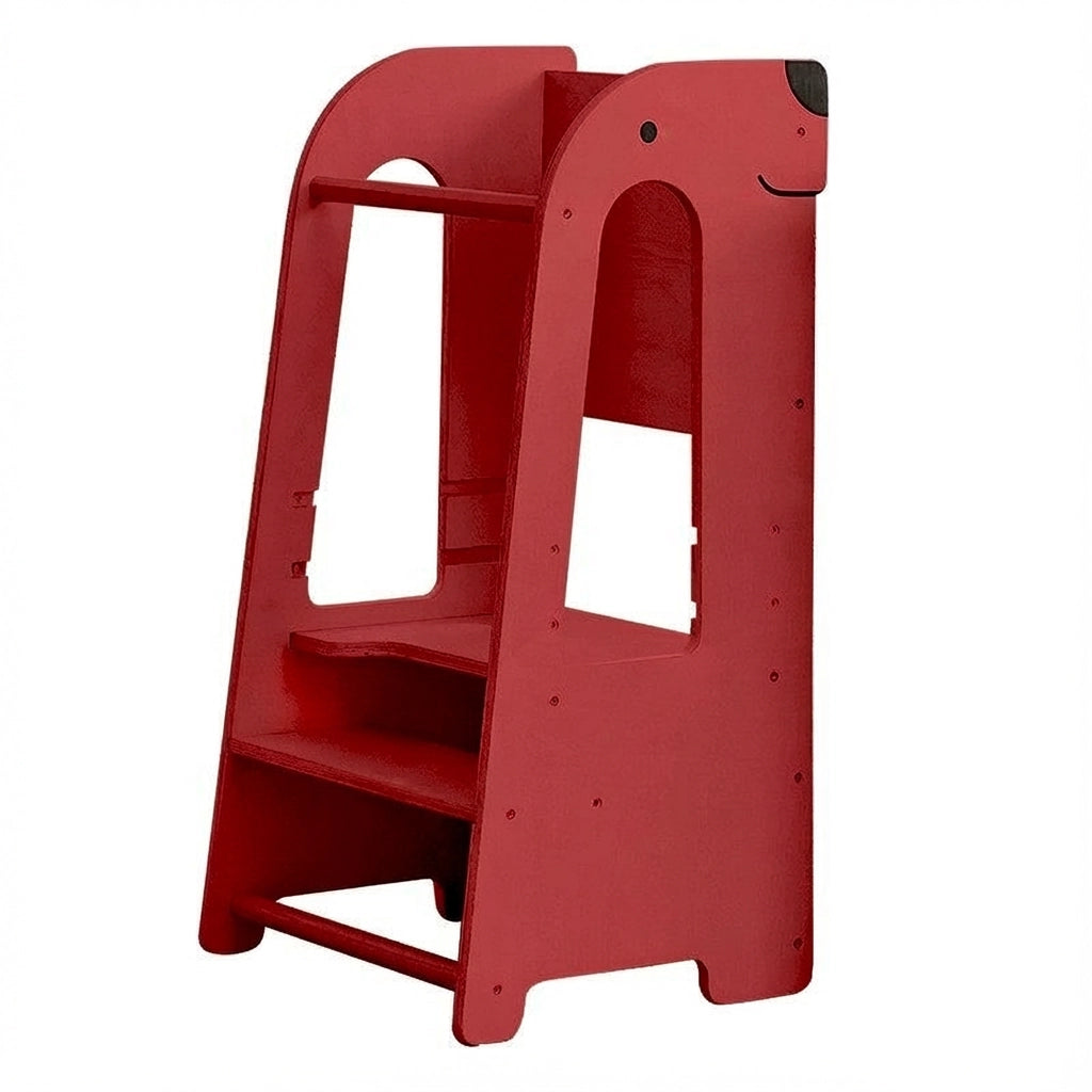 Empty red painted dog-shaped toddler helper tower isolated on a solid white background