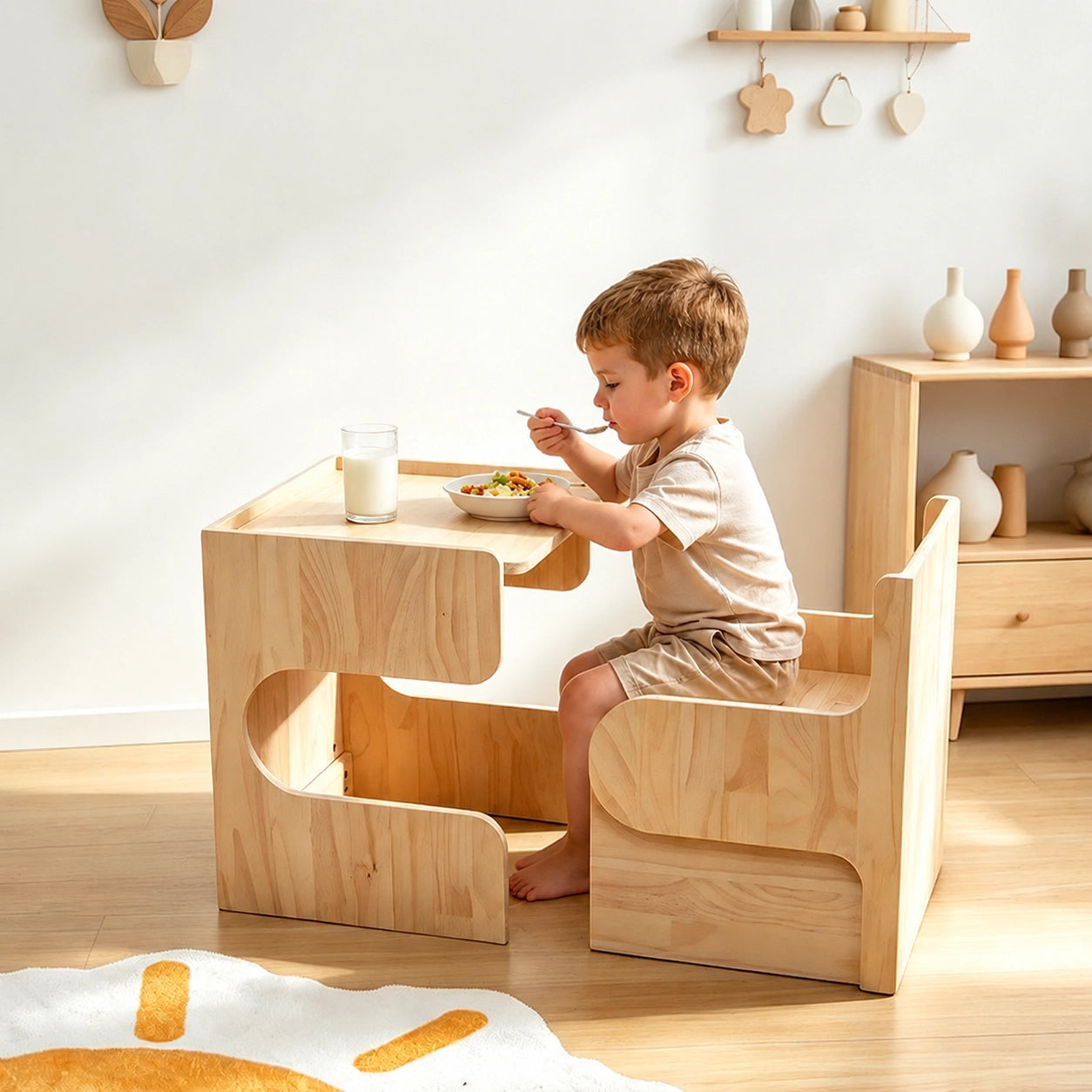 Child sitting on a chair and eating at a solid pine toddler table