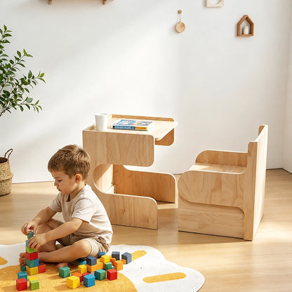 Child playing on the floor with blocks in front of the convertible table and chair set