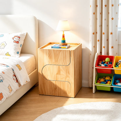 Solid pine table flipped over and used as a nightstand next to a child's bed
