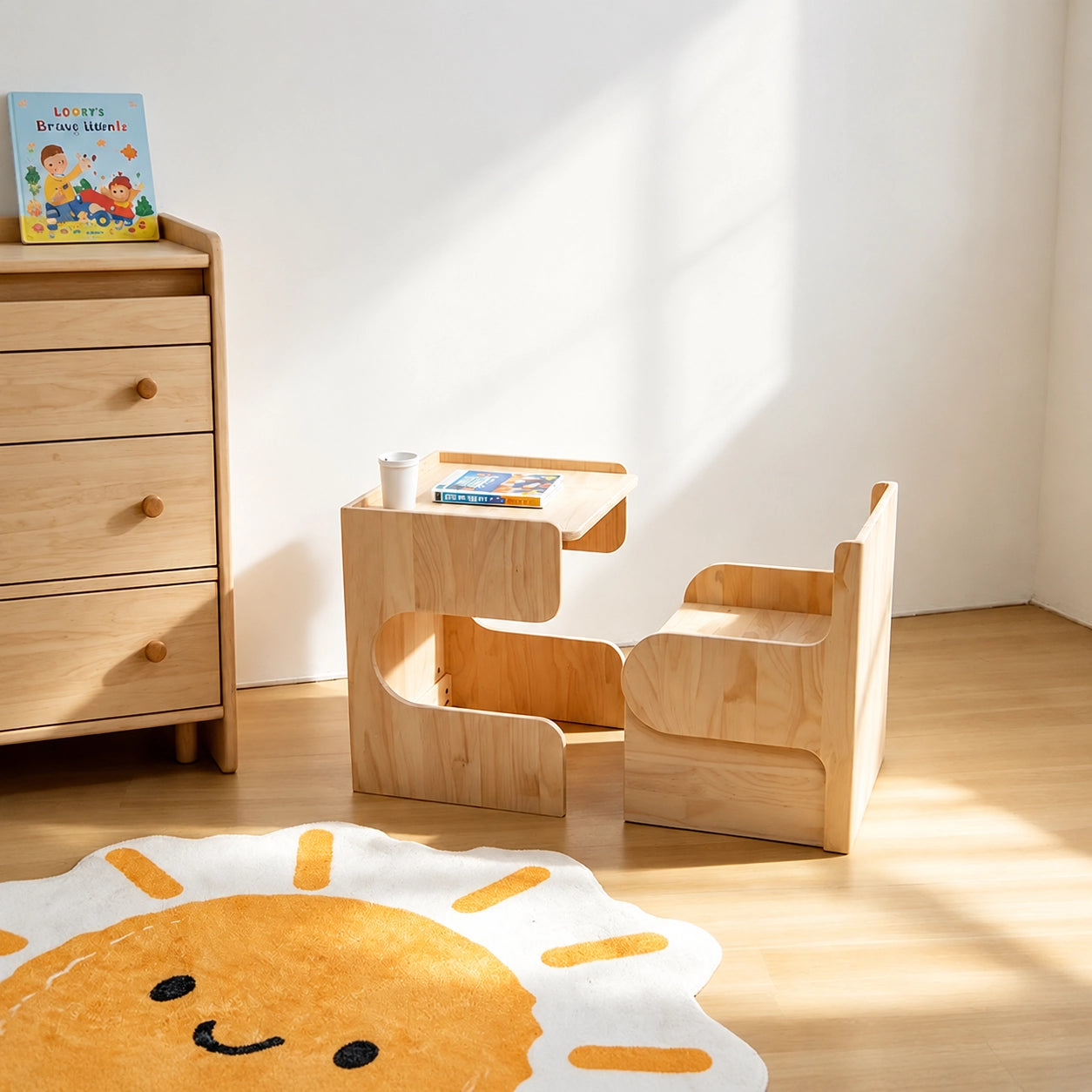Angled view of the solid pine convertible table and chair set in a room corner