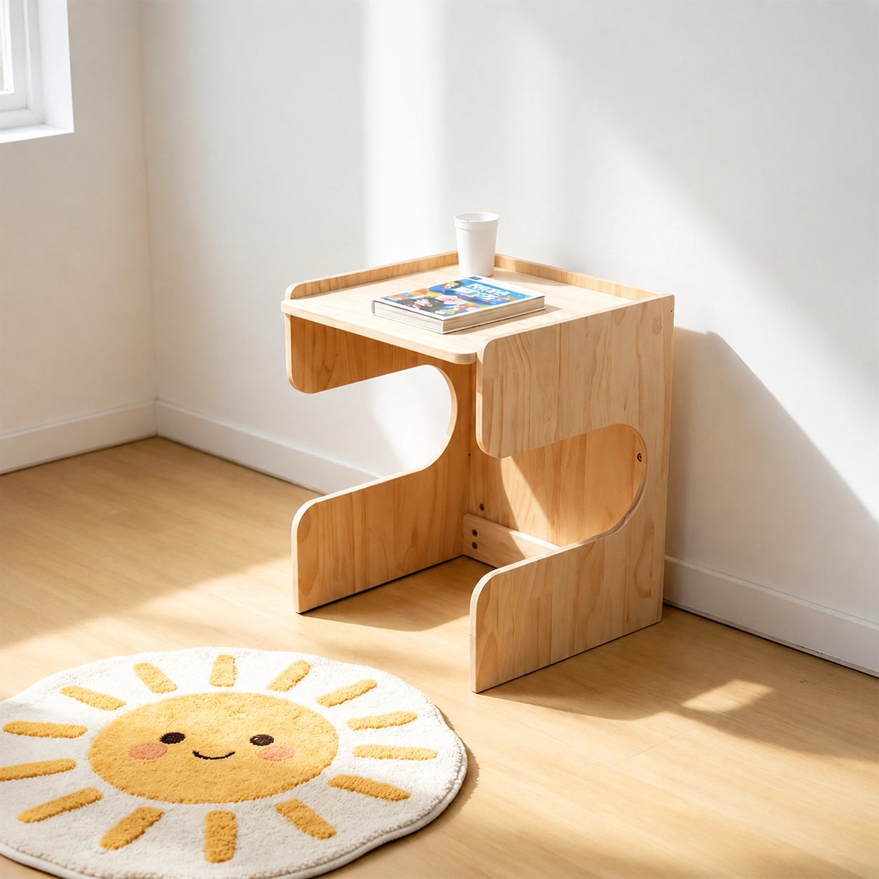 Side view of the solid pine toddler table with a book and a cup