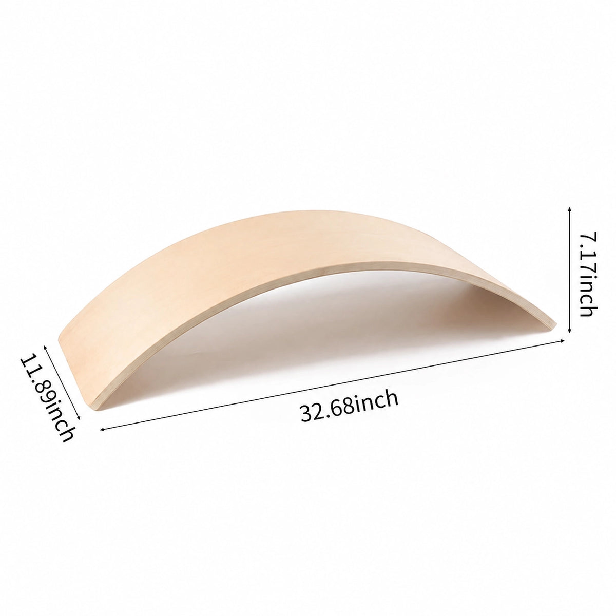 Curved balance board measuring 32.68 inches long, 11.89 inches wide, and 7.17 inches high