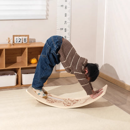Child stretching on a curved multi-layer plywood balance board with a tiger illustration