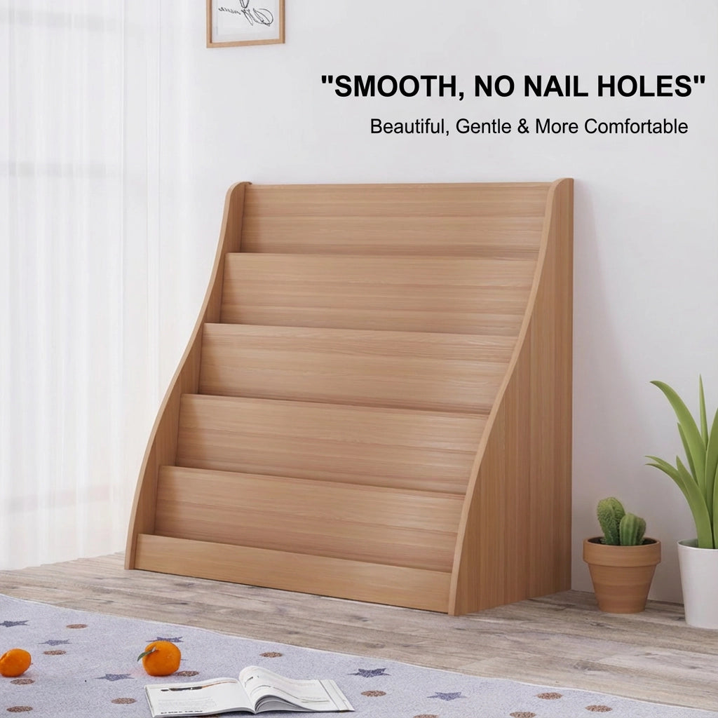 Angled view of an empty curved wood toddler bookshelf showing its smooth side panel without nail holes
