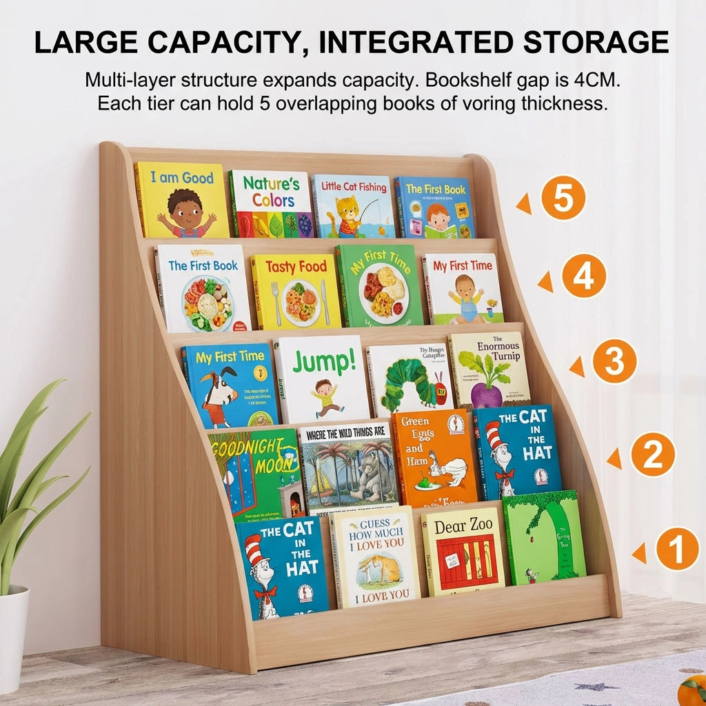 Storage capacity diagram showing a five-tier front-facing Montessori bookshelf loaded with picture books