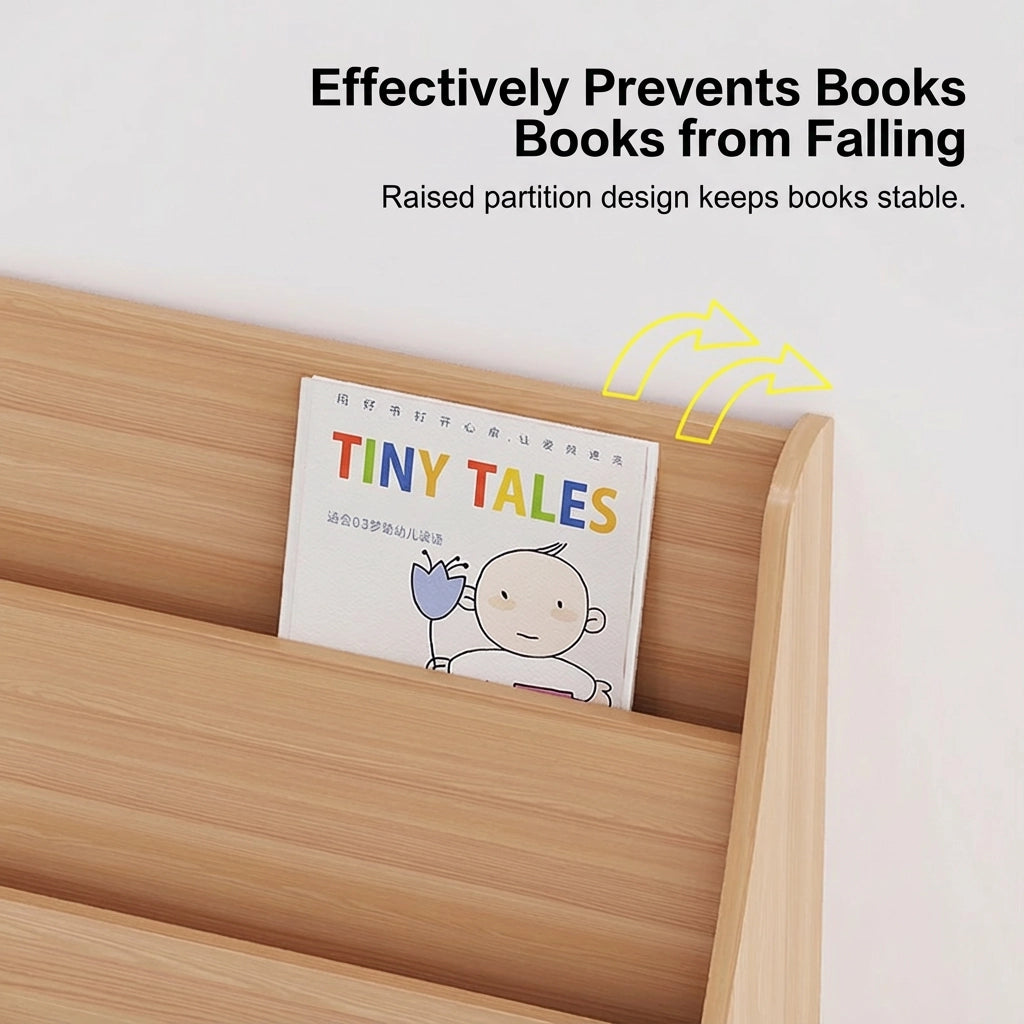 Close-up of the raised partition design on a toddler bookshelf holding a book titled Tiny Tales