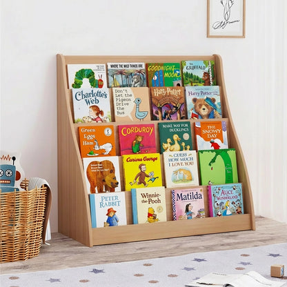 Three-quarter view of a pine-core engineered wood Montessori bookshelf filled with children's books
