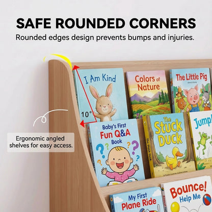 Detail view of the safe rounded corners and 10-degree tilted shelves on a front-facing book rack
