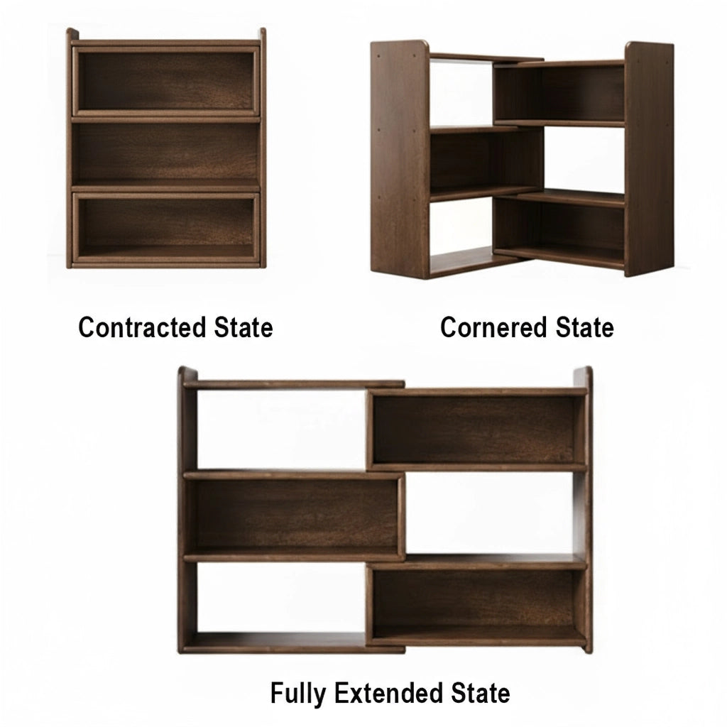 Diagrams showing the contracted state, cornered state, and fully extended state of the expandable bookshelf