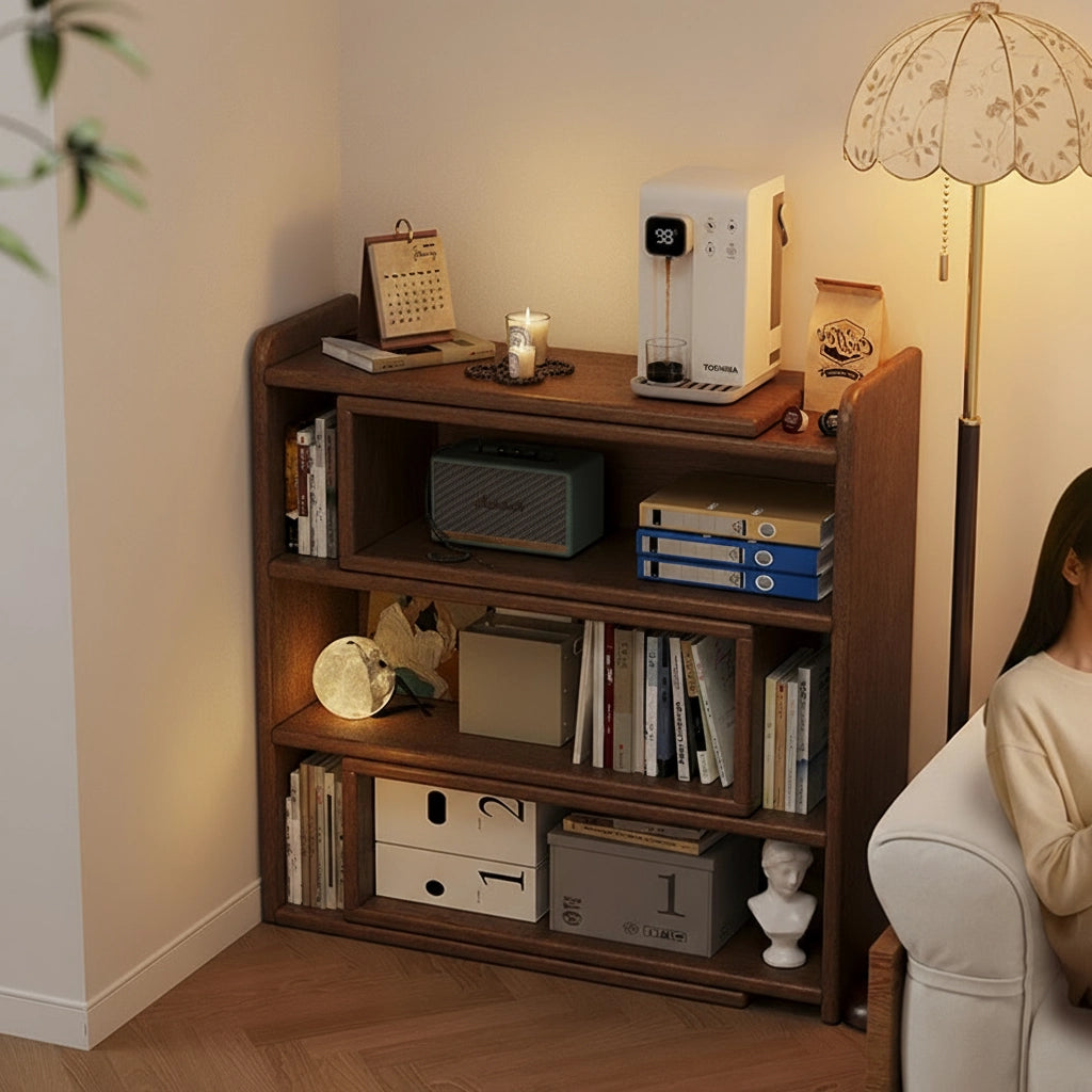 Solid rubberwood expandable floor bookshelf tucked into a room corner and filled with books and storage items