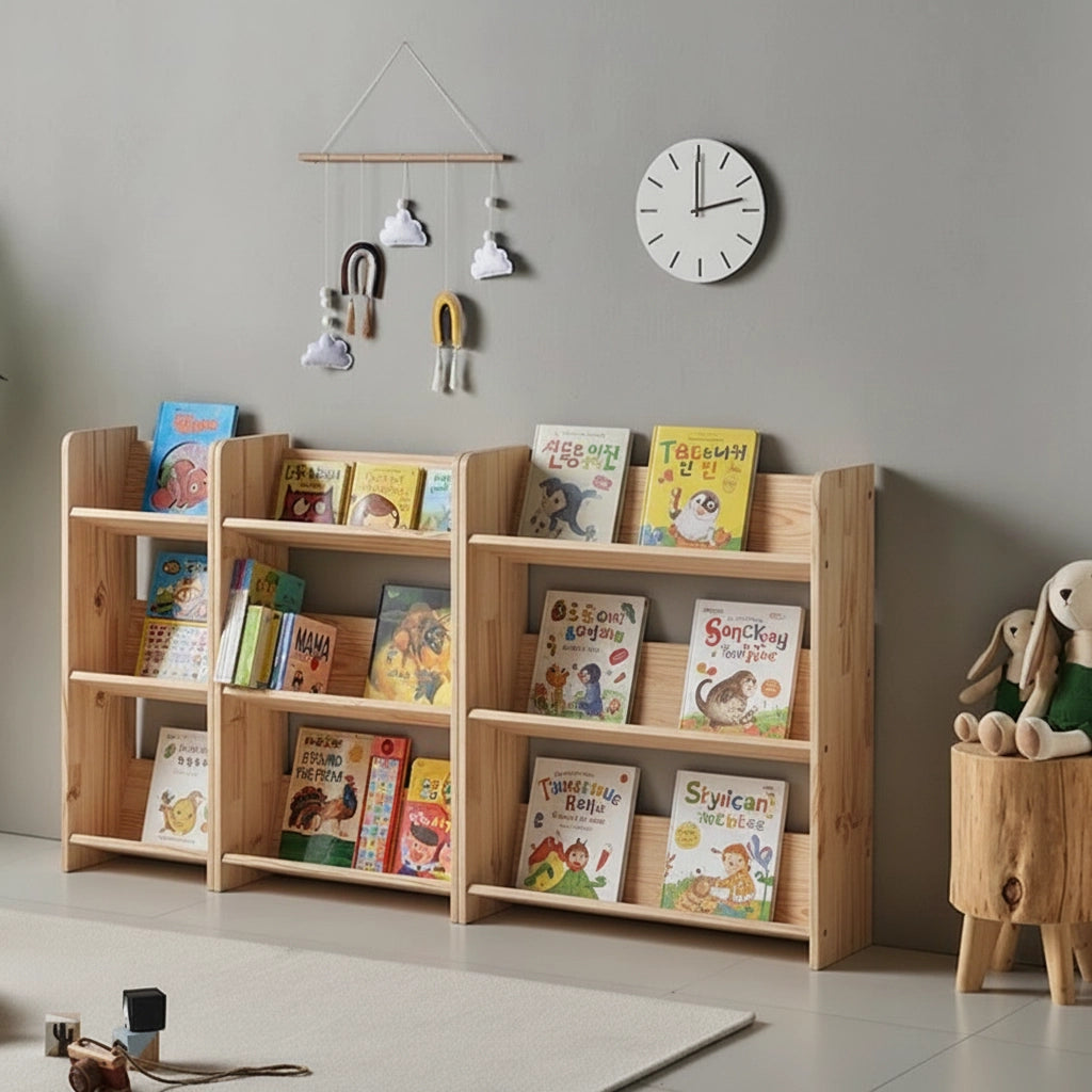 Angled three-quarter view of the floor-standing solid pine toddler bookshelves holding books