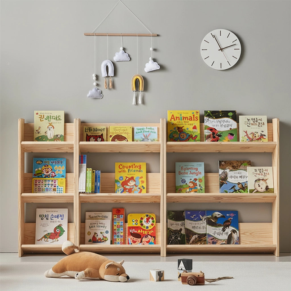 Front view of three combined solid pine Montessori bookshelves filled with children's books