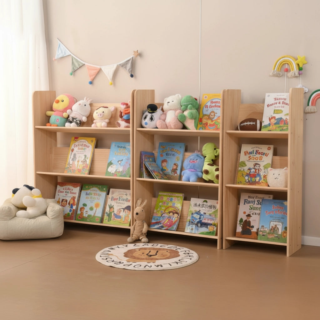 Montessori floor-standing bookshelf units styled with plush stuffed animals and picture books