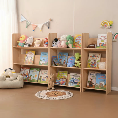 Montessori floor-standing bookshelf units styled with plush stuffed animals and picture books